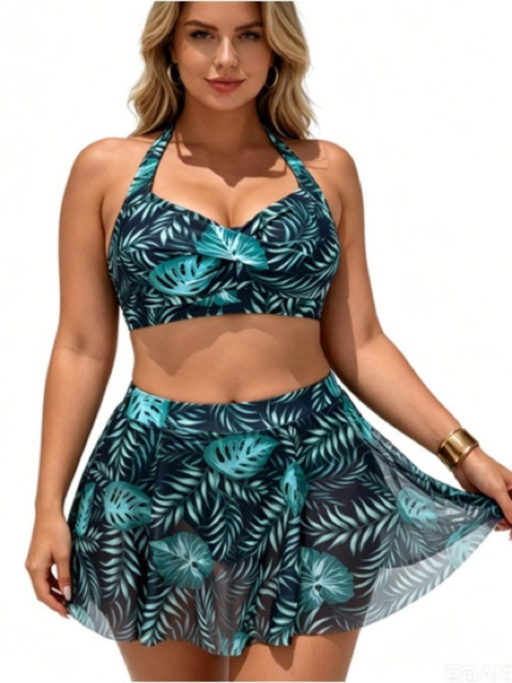 Plus Size Teal Tropical Halter Swim Top & Skirt Set